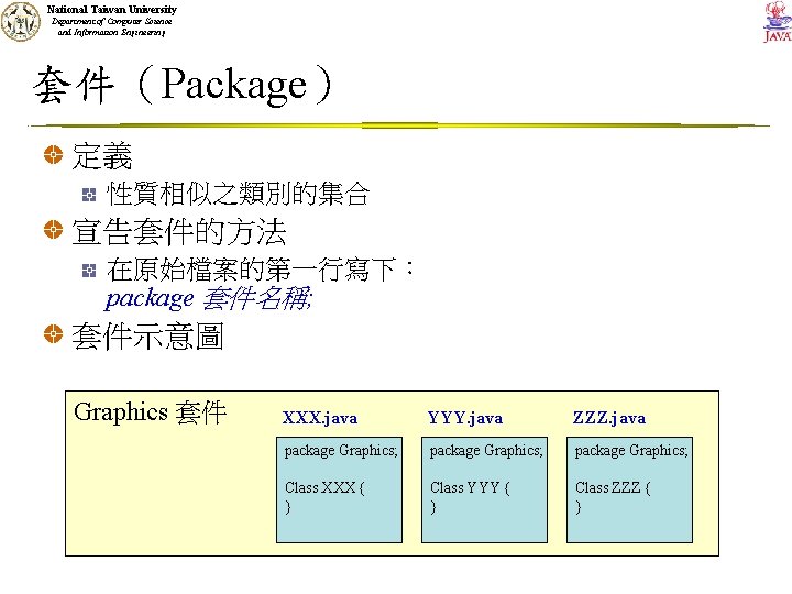 National Taiwan University Department of Computer Science and Information Engineering 套件（Package） 定義 性質相似之類別的集合 宣告套件的方法