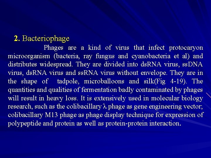 2. Bacteriophage Phages are a kind of virus that infect protocaryon microorganism (bacteria, ray