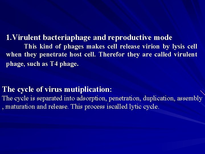 1. Virulent bacteriaphage and reproductive mode This kind of phages makes cell release virion