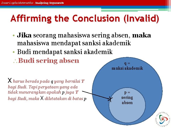 Dasar Logika Matematika - Analyzing Arguments Affirming the Conclusion (Invalid) • Jika seorang mahasiswa