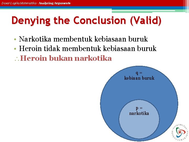 Dasar Logika Matematika - Analyzing Arguments Denying the Conclusion (Valid) • Narkotika membentuk kebiasaan