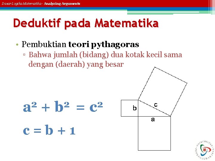Dasar Logika Matematika - Analyzing Arguments Deduktif pada Matematika • Pembuktian teori pythagoras ▫