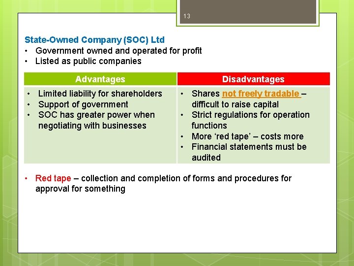 13 State-Owned Company (SOC) Ltd • Government owned and operated for profit • Listed