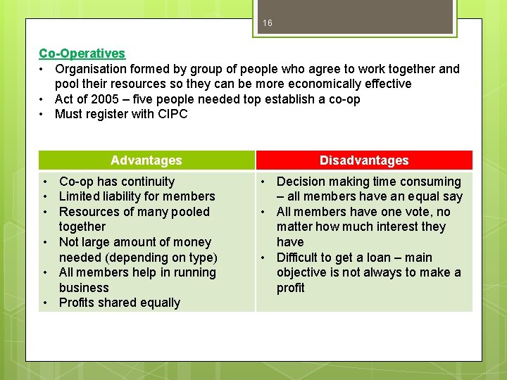 16 Co-Operatives • Organisation formed by group of people who agree to work together