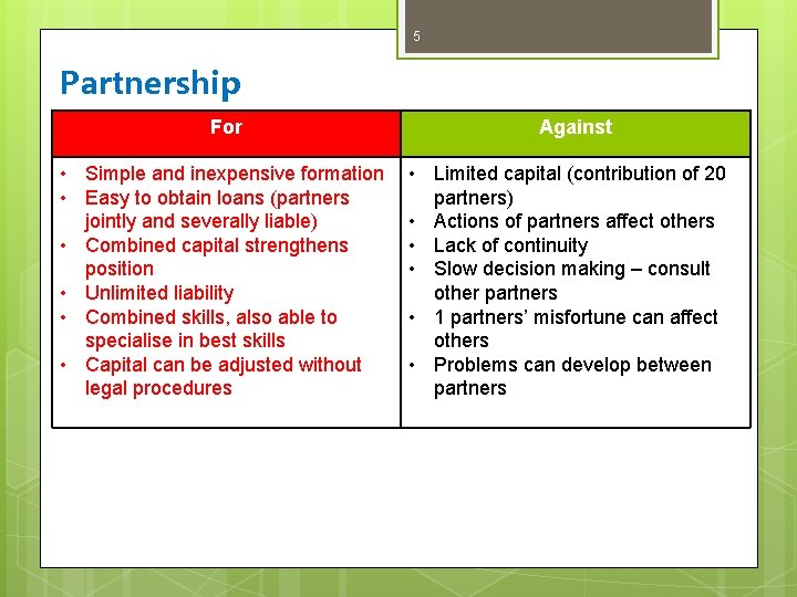 5 Partnership For • Simple and inexpensive formation • Easy to obtain loans (partners