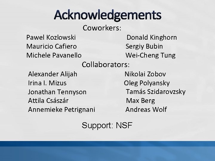 Acknowledgements Pawel Kozlowski Mauricio Cafiero Michele Pavanello Coworkers: Donald Kinghorn Sergiy Bubin Wei-Cheng Tung Acknowledgements Pawel Kozlowski Mauricio Cafiero Michele Pavanello Coworkers: Donald Kinghorn Sergiy Bubin Wei-Cheng Tung