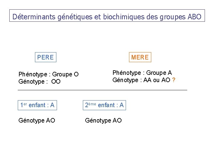 Déterminants génétiques et biochimiques des groupes ABO PERE Phénotype : Groupe O Génotype :