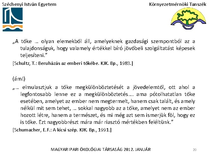 Széchenyi István Egyetem Környezetmérnöki Tanszék „A tőke … olyan elemekből áll, amelyeknek gazdasági szempontból