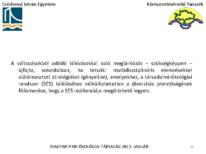 Széchenyi István Egyetem Környezetmérnöki Tanszék A változásokból adódó kihívásokkal való megbirkózás – szükségképpen –