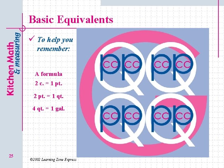 Basic Equivalents ü To help you remember: A formula 2 c. = 1 pt.