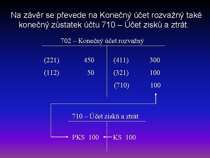 Na závěr se převede na Konečný účet rozvažný také konečný zůstatek účtu 710 –