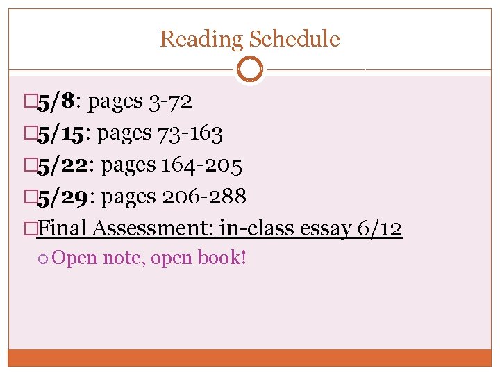 Reading Schedule � 5/8: pages 3 -72 � 5/15: pages 73 -163 � 5/22: