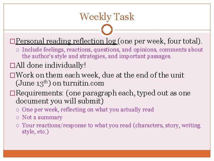 Weekly Task �Personal reading reflection log (one per week, four total). Include feelings, reactions,