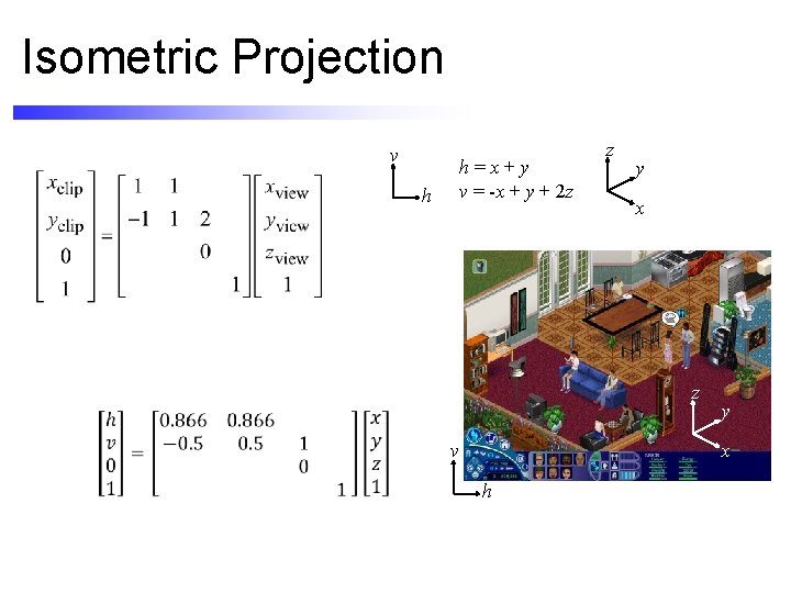 Isometric Projection v h=x+y v = -x + y + 2 z h z