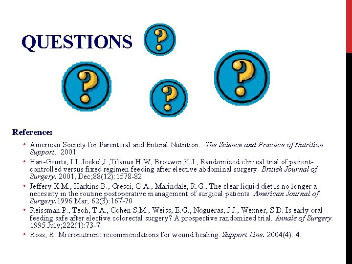 QUESTIONS Reference: • American Society for Parenteral and Enteral Nutrition. The Science and Practice