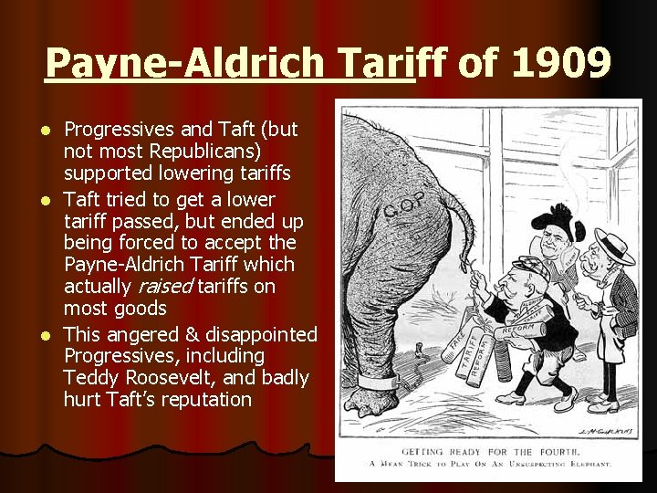 Payne-Aldrich Tariff of 1909 Progressives and Taft (but not most Republicans) supported lowering tariffs