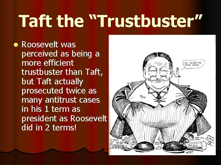 Taft the “Trustbuster” l Roosevelt was perceived as being a more efficient trustbuster than