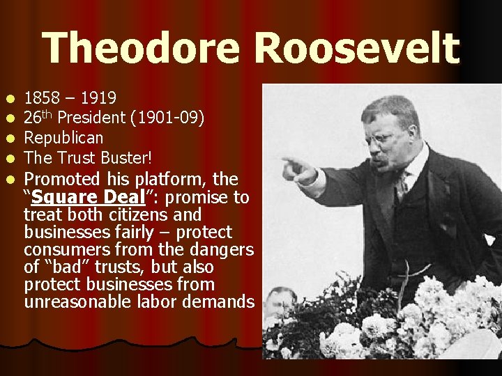 Theodore Roosevelt l l l 1858 – 1919 26 th President (1901 -09) Republican