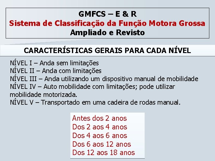 GMFCS – E & R Sistema de Classificação da Função Motora Grossa Ampliado e