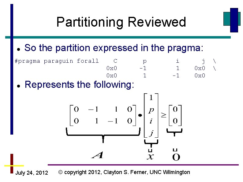 Partitioning Reviewed So the partition expressed in the pragma: #pragma paraguin forall C 0