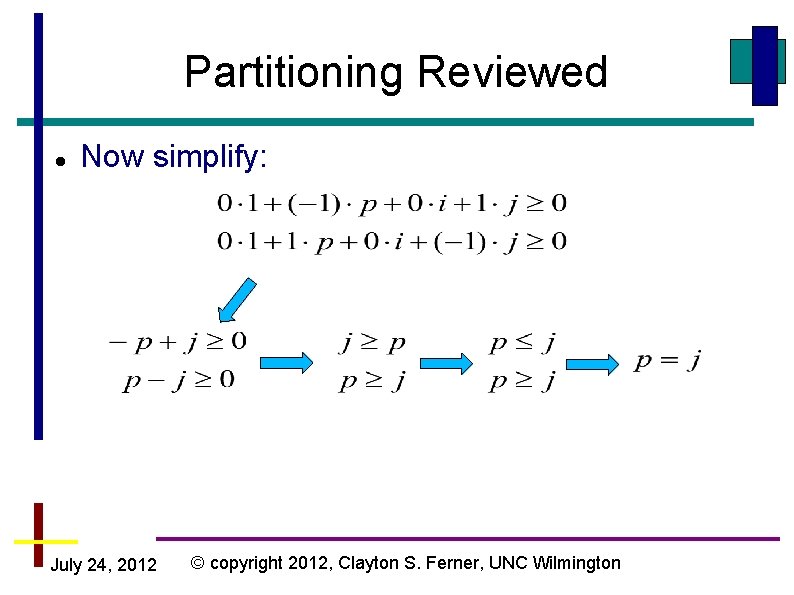 Partitioning Reviewed Now simplify: July 24, 2012 © copyright 2012, Clayton S. Ferner, UNC