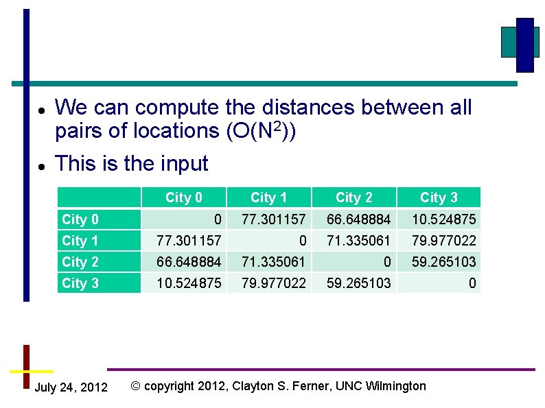  We can compute the distances between all pairs of locations (O(N 2)) This