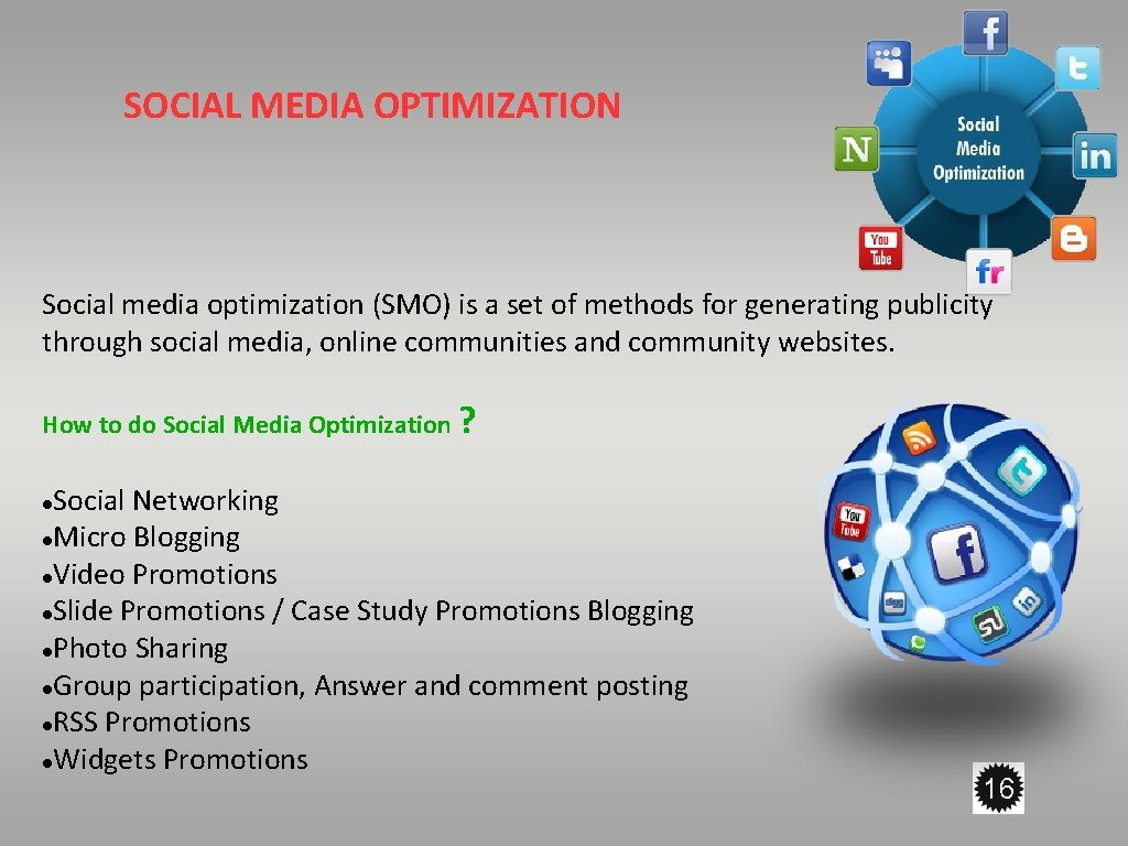 SOCIAL MEDIA OPTIMIZATION Social media optimization (SMO) is a set of methods for generating