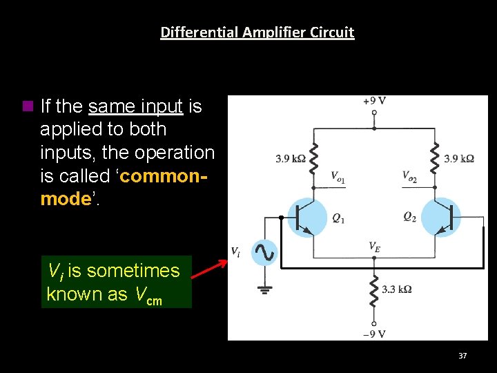 Differential Amplifier Circuit n If the same input is applied to both inputs, the