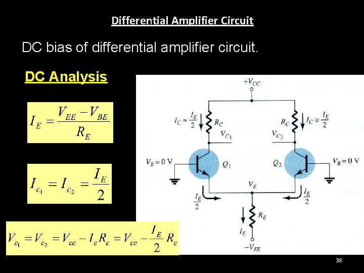 Differential Amplifier Circuit DC bias of differential amplifier circuit. DC Analysis 38 