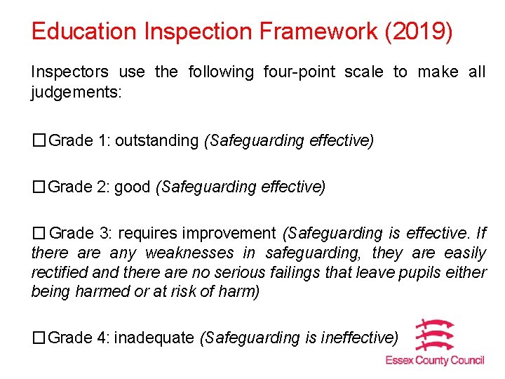 Education Inspection Framework (2019) Inspectors use the following four-point scale to make all judgements: