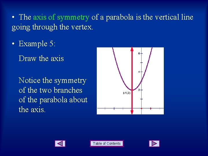  • The axis of symmetry of a parabola is the vertical line going