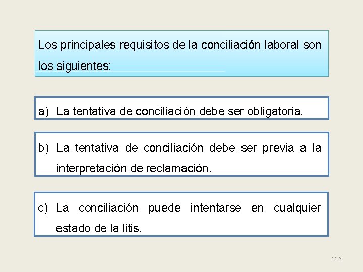 Los principales requisitos de la conciliación laboral son los siguientes: a) La tentativa de