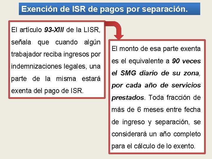 Exención de ISR de pagos por separación. El artículo 93 -XIII de la LISR,