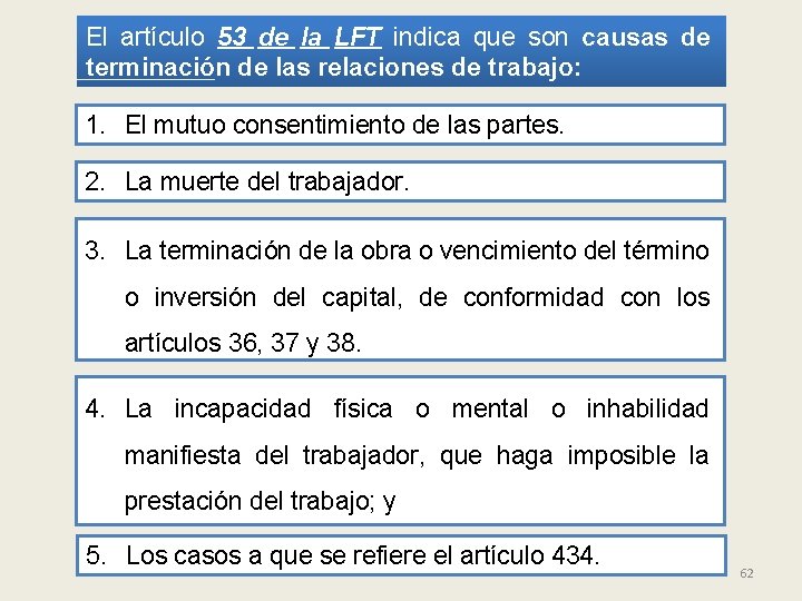 El artículo 53 de la LFT indica que son causas de terminación de las
