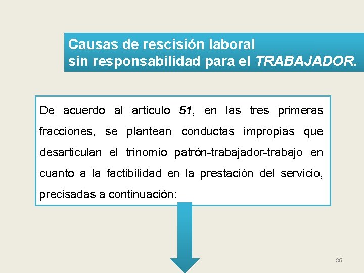 Causas de rescisión laboral sin responsabilidad para el TRABAJADOR. De acuerdo al artículo 51,