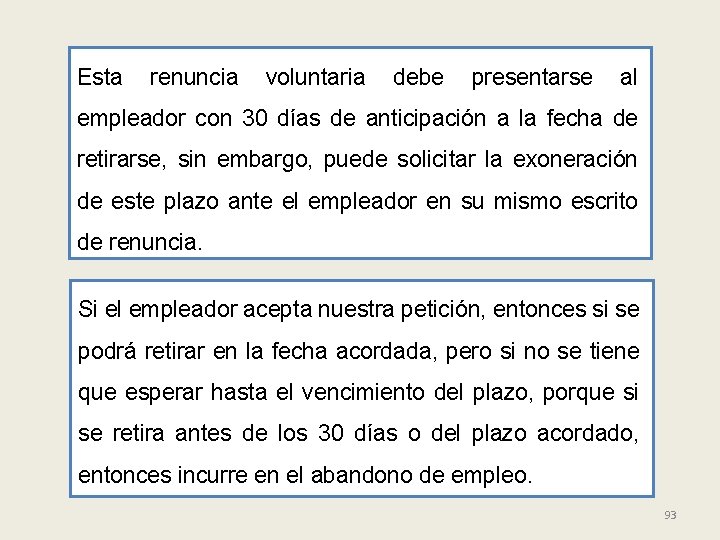 Esta renuncia voluntaria debe presentarse al empleador con 30 días de anticipación a la