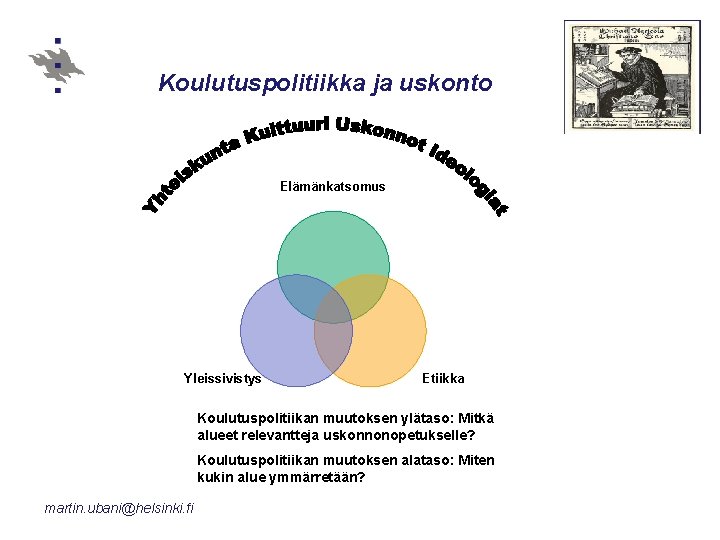 Koulutuspolitiikka ja uskonto Elämänkatsomus Yleissivistys Etiikka Koulutuspolitiikan muutoksen ylätaso: Mitkä alueet relevantteja uskonnonopetukselle? Koulutuspolitiikan