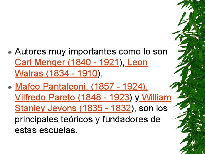 Autores muy importantes como lo son Carl Menger (1840 - 1921), Leon Walras (1834