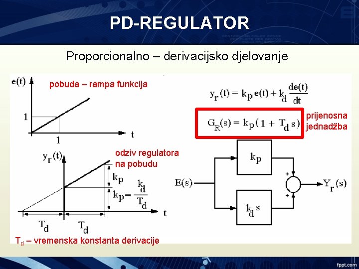 PD-REGULATOR Proporcionalno – derivacijsko djelovanje pobuda – rampa funkcija prijenosna jednadžba odziv regulatora na