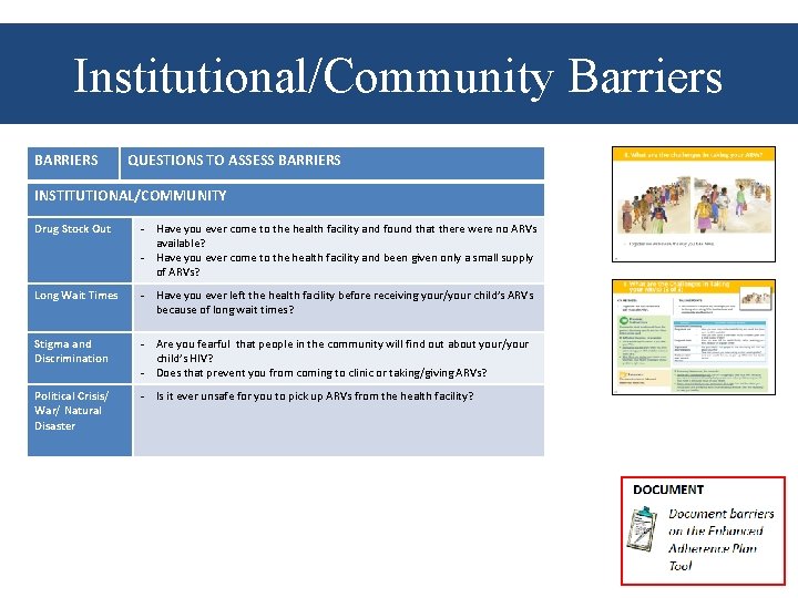 Institutional/Community Barriers BARRIERS QUESTIONS TO ASSESS BARRIERS INSTITUTIONAL/COMMUNITY Drug Stock Out - Have you