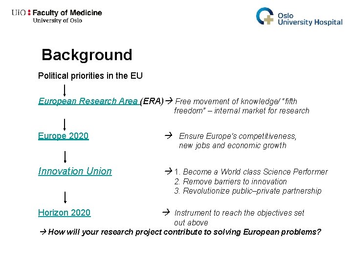 Background Political priorities in the EU European Research Area (ERA) Free movement of knowledge/