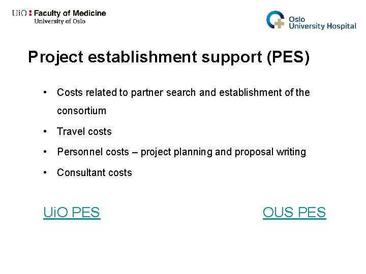 Project establishment support (PES) • Costs related to partner search and establishment of the