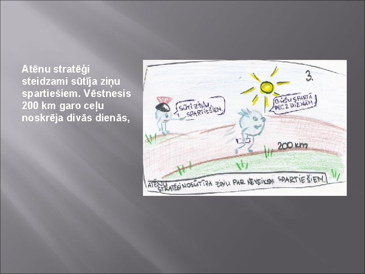 Atēnu stratēģi steidzami sūtīja ziņu spartiešiem. Vēstnesis 200 km garo ceļu noskrēja divās dienās,