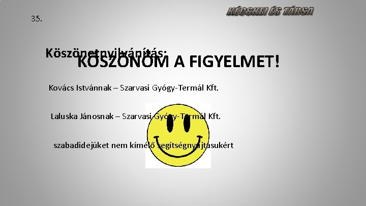 35. Köszönetnyilvánítás: KÖSZÖNÖM A FIGYELMET! Kovács Istvánnak – Szarvasi Gyógy-Termál Kft. Laluska Jánosnak –