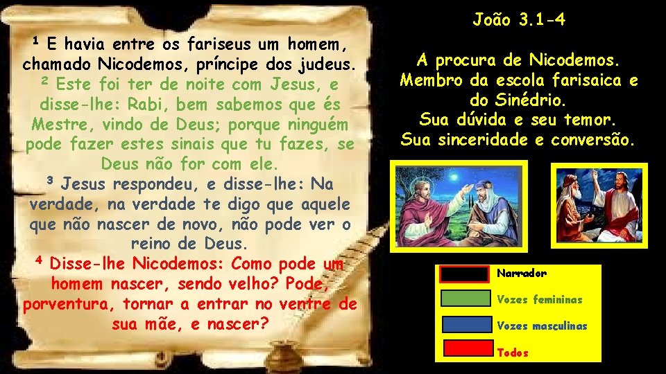 João 3. 1 -4 E havia entre os fariseus um homem, chamado Nicodemos, príncipe