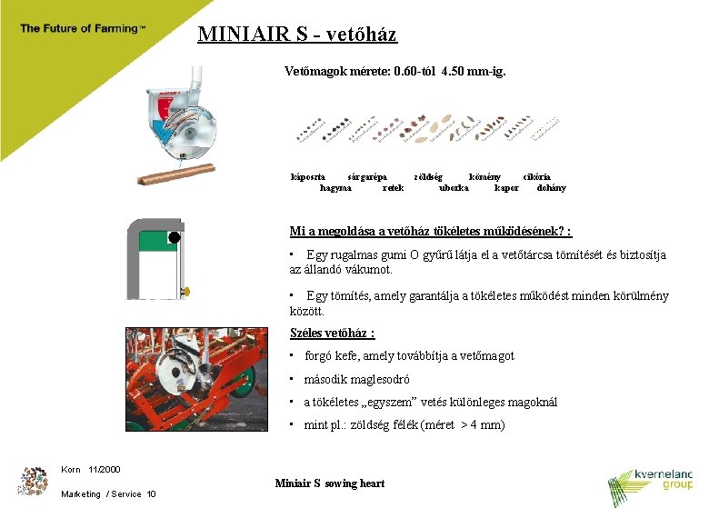 MINIAIR S - vetőház Vetőmagok mérete: 0. 60 -tól 4. 50 mm-ig. káposzta sárgarépa