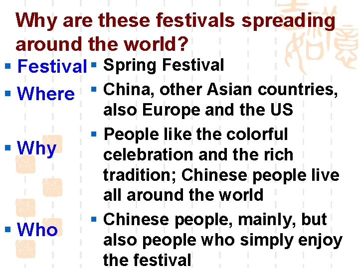 Why are these festivals spreading around the world? § Festival § Spring Festival §