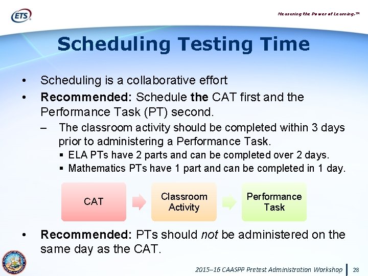 Measuring the Power of Learning. ™ Scheduling Testing Time • • Scheduling is a
