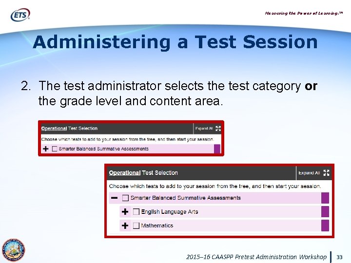 Measuring the Power of Learning. ™ Administering a Test Session 2. The test administrator