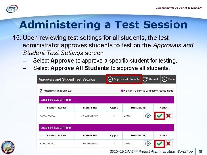 Measuring the Power of Learning. ™ Administering a Test Session 15. Upon reviewing test